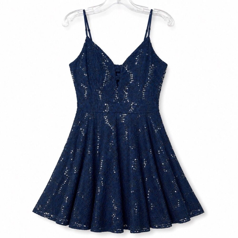 Windsor Thin Strap Fit & Flare Sparkle Mini Dress Navy/Silver Size Juniors 13/14
